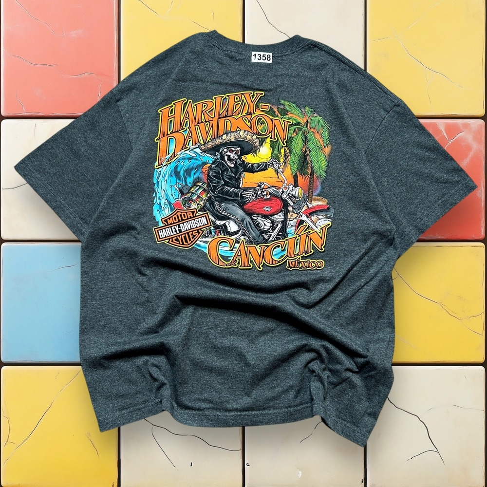 Vintage Y2K Harley Davidson Mexico T-Shirt
Men Gray XL Cancun Skull Biker Moto